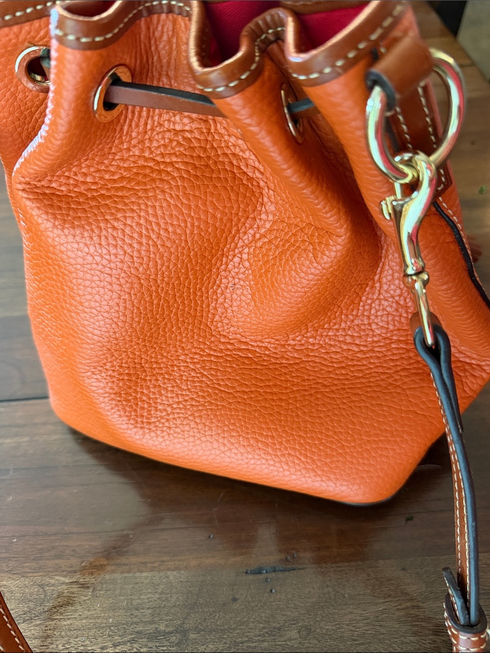 Dooney & Bourke Orange Pebbled Leather Drawstring Shoulder Bag - Picture 3 of 8